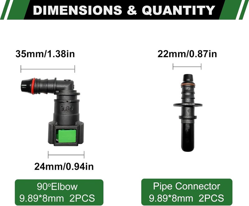 Japtend Fuel Line Quick Connect Hose Fittings, 2 Sets Fuel Line Repair Fittings Include 90 Degree Elbow Pipe Connector SAE 9.89mm to ID 8mm - Image 2